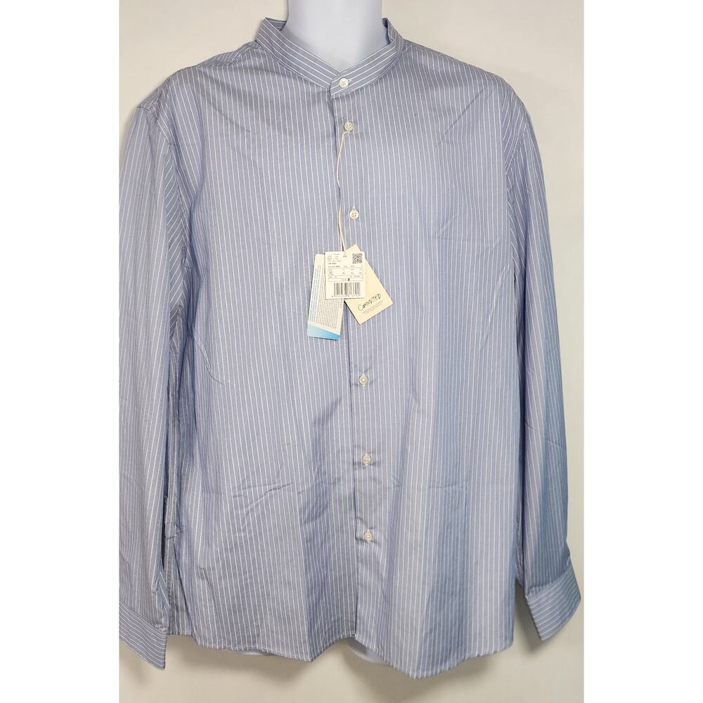 MNG Mango Slim Fit Blue Stripe Band Collar Shirt XL NWT Minimalist